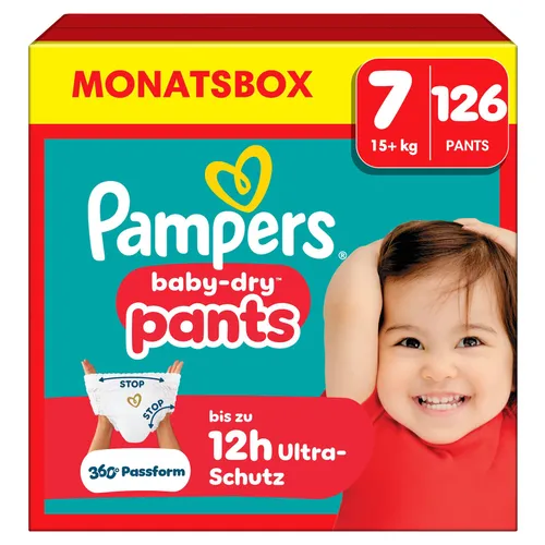 Pampers Baby Dry Pants Gr. 7 Extra Large 17+kg - 126 Stück Monatsbox - WINDELN - Pampers Baby-Dry Pants bieten mit ihrem Stop & Schutz System zuverlässigen Schutz und perfekten Sitz für aktive Babys.