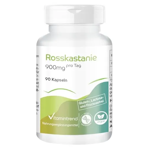 Vitamintrend Rosskastanie 900mg pro Tag, 90 Kapseln, schluckfreundlich, 20% Aescin, hochdosiert, Nahrungsergänzungsmittel vegan ohne Magnesiumstearat, in Deutschland hergestellt