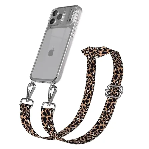 EAZY CASE Handykette - Verstellbares Taschenband kompatibel mit iPhone 17 Pro Max, Schulterriemen, Handykordel mit Silikon Hülle, Umhängetasche, Leo - Schwarz Braun Silber