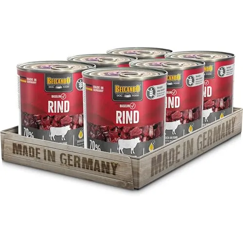 BELCANDO Baseline Rind 6x800g - Getreidefreies Nassfutter für Hunde - Hundefutter: 6 Dosen feines Rindfleisch, getreidefrei und ideal für alle Hunderassen. Hochwertige Zutaten aus Deutschland sorgen für eine gesunde Ernährung.