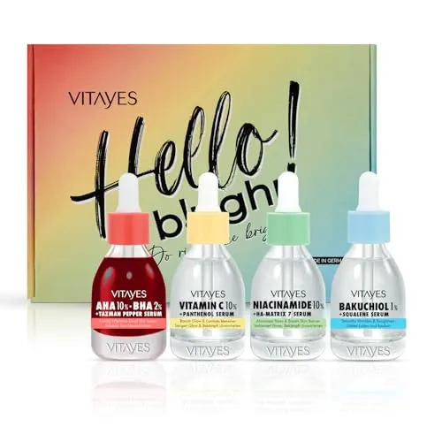 Vitayes Beauty Box mit 4x Serum für Haut und Gesicht: AHA+BHA, Niacinamide, Bakuchiol & Vitamin-C Serum mit Panthenol - Komplette Hautpflege