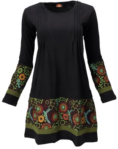 GURU SHOP Baumwoll Minikleid Boho Chic - Freizeitkleid für Damen mit farblich abgesetzter Stickerei, ideal für den Boho-Look und angenehm zu tragen aus 100% Baumwolle.