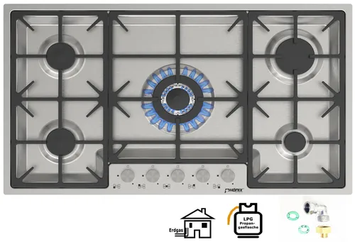 Phönix PS-905FL flächenbündiges Gaskochfeld - 5-flammiges Einbau-Kochfeld aus Edelstahl, autark und energieeffizient. Ideal für präzises Kochen mit LPG/Propan, 88 cm breit und modern im Design.