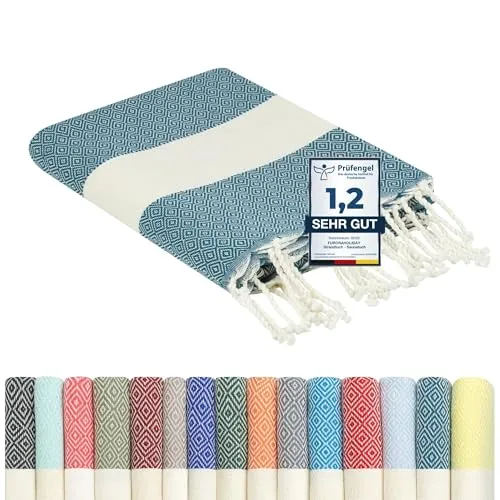 Furora Holiday Strandtuch groß 100x200 cm - Premium Hamamtuch aus Baumwolle, leicht und kompakt – ideal für Strand, Sauna oder Picknick. Vielseitig einsetzbar und unterstützt traditionelle Handwerkskunst aus Tunesien.