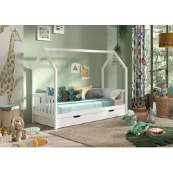 CABANE Hausbett 90x200 cm - Modernes Kinderzimmermöbel mit seitlicher Umrandung und praktischer Bettschublade. Der Dachaufbau ist individuell gestaltbar und aus hochwertiger, weiß lackierter Kiefer gefertigt.