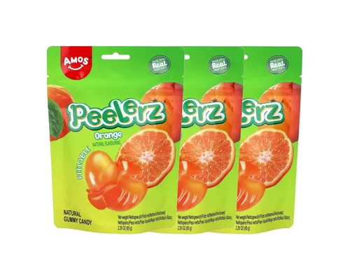 AMOS Süßigkeit, Amos Peelerz Gummies Orange mit einer fruchtigen Füllung 65g 3er Pack
