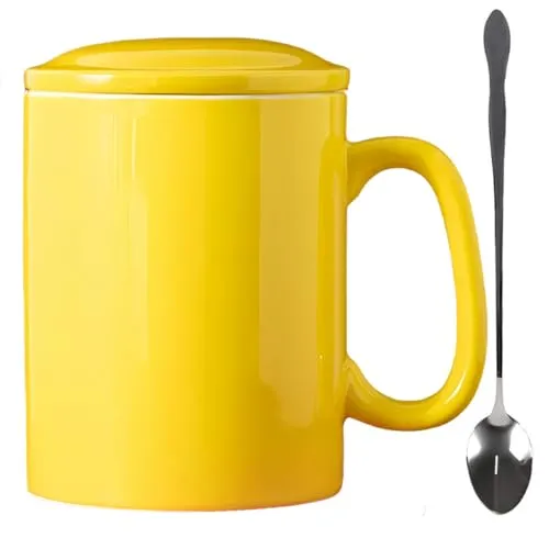 KOPYFANTAP Große Tasse 1000ml, Jumbo Keramik Kaffeetasse mit Deckel und Löffel, Riesen Becher Keramik mit Großem Griff für Büro und Zuhause, Spülmaschinenfest, Gelb
