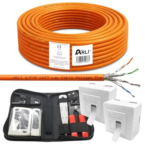 25m Cat 7 Verlegekabel mit Netzwerkdose und Werkzeug Set - Ethernetkabel (RJ-45/8P8C) für schnelle Verbindungen, inklusive 2x Cat6a Netzwerkdosen und praktischem Werkzeug Set - ideal für Heimnetzwerke und Büros.