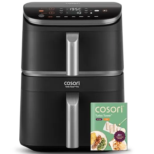 COSORI Turbo Tower Pro Heißluftfritteuse 2 Kammern - Tiegelfritteusen mit 10,8L Kapazität und DualBlaze-Technologie für gleichmäßiges Garen. Keramikbeschichtung sorgt für gesunde Zubereitung ohne Teflon.