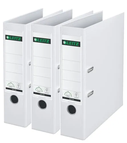 Leitz Qualitäts-Ordner 180° Plastik, 3er Pack, das Original, A4 Aktenordner 8 cm breit, 90% Recycling-Karton, 30% Pre-Consumer Recycling-Kunststoff, 180° Mechanik, 600 Blatt Kapazität, Weiß, 310335001