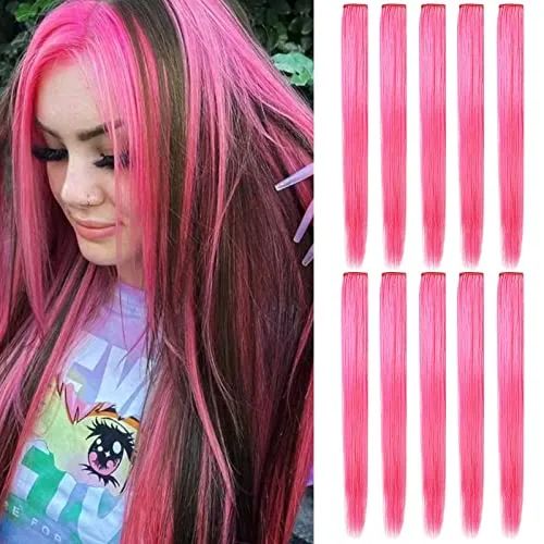 LSKJMO 10 Pcs 20 inch Pink Wig Pieces Colorful Party Highlights Clip in Coloured Hair Extensions Multicolors Straight Synthetic Hairpieces for Women