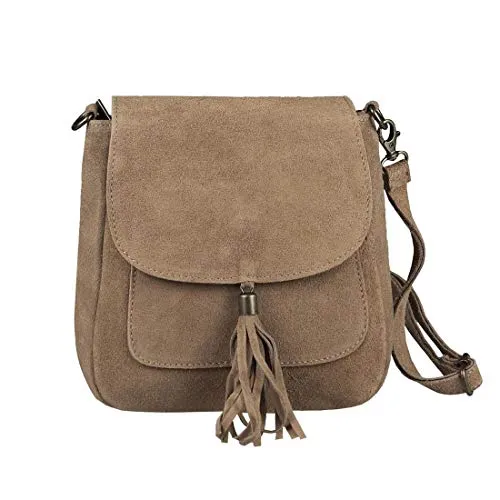 Made in Italy Damen Wildleder Messenger Bag mit Fransen - Elegante Schultertasche aus 100% italienischem Wildleder mit abnehmbarem Schultergurt. Genug Platz für Essentials, ideal für Freizeit und besondere Anlässe.