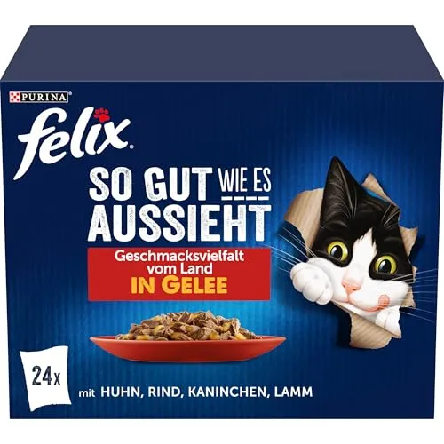 Felix So gut wie es aussieht Katzenfutter nass Geschmacksvielfalt vom Land in Gelee, Sorten-Mix, 4er Pack (4 x 24 Beutel à 85g)