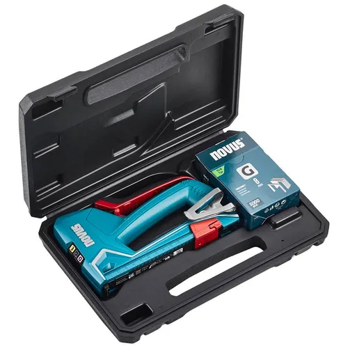 novus Handtacker J-51 Kofferset türkis - Handtacker im praktischen Kofferset, ideal für präzises Arbeiten. Verarbeitet Flachdrahtklammern bis 14 mm und Nägel bis 16 mm – perfekt für Bastel- und Reparaturprojekte.