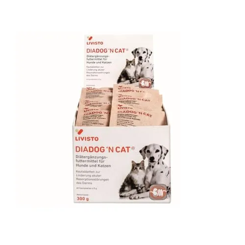 Livisto DiaDog`N Cat für Hunde und Katzen - 60er Pack Kautabletten - Gesundheitsprodukte für Katzen – Unterstützt die Linderung akuter Resorptionsstörungen des Darms und hilft bei der Abführung von Haarballen.