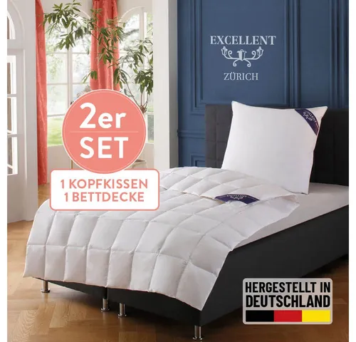 Excellent Daunenbettdecke + 3-Kammer-Kopfkissen Set Zürich - Hochwertiges Bettdecken-Set mit 100% Daunen für optimalen Schlafkomfort. Die Bettdecke ist in zwei Größen erhältlich und bietet durch ihr Kassetten-Design eine gleichmäßige Wärmeverteilung.