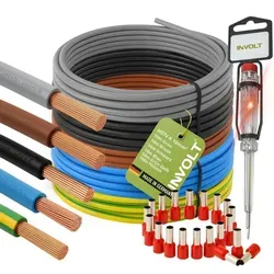 INVOLT H07V-K 10 mm² Stromkabel Set mit Aderendhülsen - Professionelles Kabelset mit 5 x 10m Einzeladern in Schwarz, Blau, Braun, Grau und Grün-Gelb. Inklusive 100 Aderendhülsen für sichere Verbindungen und optimale Stromübertragung bei elektrischen Installationen.