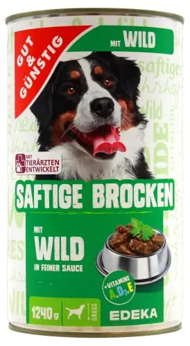 Edeka Gut & Günstig Saftige Brocken mit Wild, 6er Pack - Hundefutter für weniger aktive Hunde, entwickelt mit Tierärzten, enthält essentielle Vitamine A, D3 und E für eine ausgewogene Ernährung.