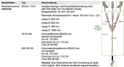 DEHN Erdungs-u. Kurzschließseil EKV3+1 70 R V4RJ7A2 - Spannungsmessgeräte, 3-poliges Kurzschließseil aus Kupfer mit 70 mm² Querschnitt, ideal für sichere Erdung und maximalen Kurzschlussstrom von 19,5 kA.