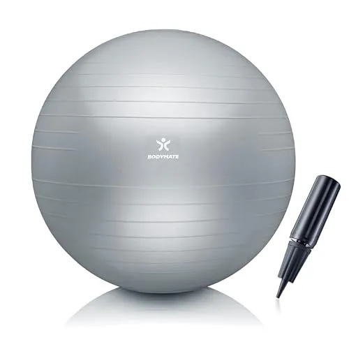 BODYMATE Gymnastikball Sitzball Trainingsball mit GRATIS E-Book inkl. Luft-Pumpe, Ball für Fitness, Yoga, Gymnastik, Core Training, für starken Rücken als Büro-Stuhl Silber 65cm