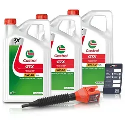 Castrol 15 L GTX 5W-40 A3/B4 - Ölwechsel-Set mit Anhänger und Trichter - Castrol 15 L GTX 5W-40 A3/B4 - Hochwertiges Motorenöl mit Double Action Formula für Benziner und Diesel. Lieferumfang: 3x 5 L Kanister, Ölwechsel-Anhänger und Einfülltrichter. Ideal für eine einfache Wartung Ihres Fahrzeugs.