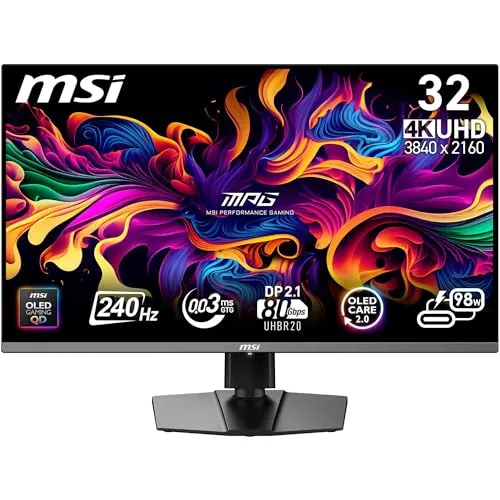 MSI MPG 322URX QD-OLED 31,5 Zoll Monitor - 4K Ultra HD Monitor mit 3840 x 2160 Pixeln, 240 Hz Bildwiederholrate und Adaptive-Sync für flüssige Gaming-Erlebnisse