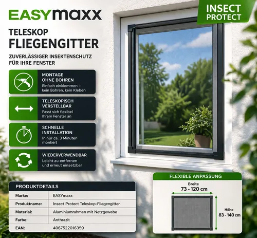 EASYmaxx Insektenschutz-Fensterrahmen Insect Protect - Teleskop-Insektenschutzgitter, anthrazit, 140 cm Breite, einfacher Montage und effektiver Schutz vor Insekten