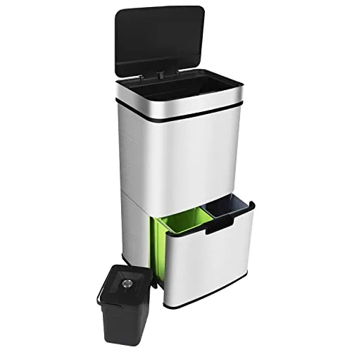 Sensor Mülleimer 72 L mit 4 Fächern - Silber - Haushaltszubehör für müheloses Mülltrennen. Der elegante Edelstahl-Mülleimer bietet 4 Fächer, darunter einen Grünabfalleimer, und öffnet dank Sensor automatisch.