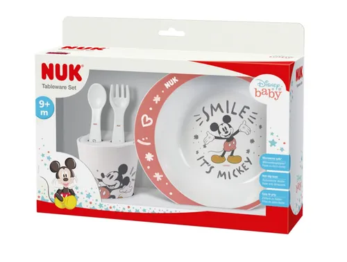 NUK Kindergeschirr-Set mit Disney-Motiven - Praktisches Geschirrset für Kinder ab 9 Monaten: enthält rutschfesten Esslernteller, Besteck mit breiten Griffen und Trinkbecher. Mikrowellen- und spülmaschinengeeignet, ideal für kleine Hände.