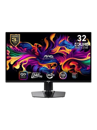 MSI MAG 321UPX QD-OLED 31.5 Zoll 4K UHD Gaming Monitor - Gaming Monitor mit 240Hz und 0,03ms Reaktionszeit für flüssige Spiele; QD-OLED-Panel bietet exzellente Farbgenauigkeit und HDR True Black 400 für beeindruckende Bildqualität.