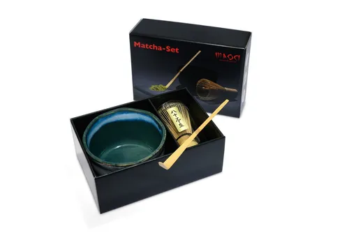MAOCI Teeschale Matcha Set, 3-tlg. blau marmoriert - Teezubehör für den perfekten Matcha-Genuss, inklusive Keramikschale, Besen und Löffel für die optimale Zubereitung.