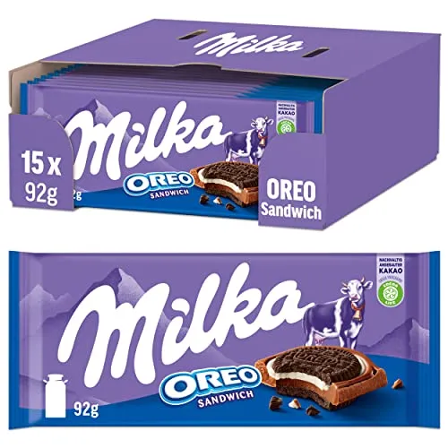 Milka OREO Sandwich Tafelschokolade 15 x 92g, Zarte Milka Alpenmilch Schokolade mit 10 Mini Original OREO Keksen