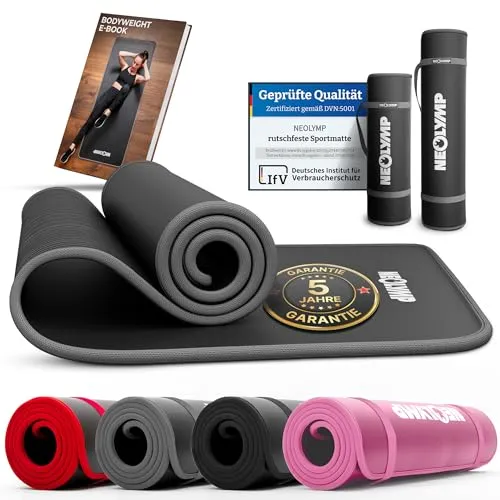 NEOLYMP Fitnessmatte mit Tragegurt und Trainingsbuch - Sportmatte aus NBR, rutschfest und leicht zu reinigen. Inkl. Tragegurt und E-Book mit Übungseinheiten für effektives Training zuhause.