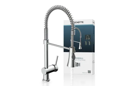 Schütte Spültischarmatur "CORNWALL" in Chrom mit Spiralfeder - Hochwertige Küchenarmatur mit flexibler Spiralfeder für große Reichweite. Ideal für Spülen und Reinigen. Einhebelmischer mit ressourcenschonender Cold-Start-Technik. Einfache Montage und langlebige Komponenten für den täglichen Einsatz.