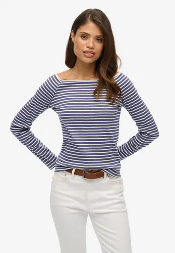 Superdry Damen Bardot Off-Shoulder Top Marineblau Gestreift 36 - Elegantes Bardot Off-Shoulder Top mit schmaler Passform und gesticktem Logo. Ideal für vielseitige Kombinationen, ob lässig oder schick. Ein Must-Have für jeden Kleiderschrank!