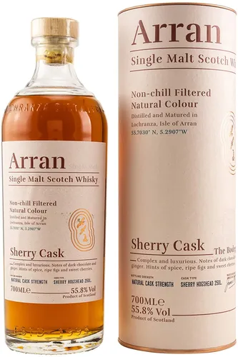 Arran Sherry Cask 0,7l - Intensiver Whisky mit 55,8% Vol. - Whisky der besonderen Art: Arran Sherry Cask 0,7l mit kräftigem Alkoholgehalt von 55,8% für ein unvergleichliches Geschmackserlebnis.