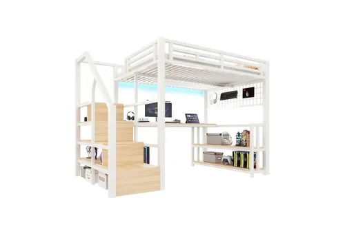 SOFTWEARY Hochbett mit RGB LED-Streifen und Schreibtisch (140x200 cm) - Kreatives Hochbett für Kinder mit Rausfallschutz, Treppe und Regal. Inklusive USB- und Type-C-Anschlüssen für modernes Gaming und Lernen. Ideal für platzsparende Lösungen im Kinderzimmer.