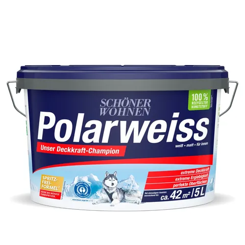 Schöner Wohnen Polarweiss matt Innenfarbe 5 L - Hochdeckende Wand- und Deckenfarbe in strahlendem Weiß, ideal für den Innenbereich. Mit hervorragender Nassabriebbeständigkeit Klasse 2 für langlebige Ergebnisse.