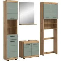 Badmöbel-Set SCHLOONSEE 4-teilig - Komplett-Badkombination mit Hochschrank, Badspiegel und Waschmaschinenumbauschrank in modernem Grün. Pflegeleichte MDF-Front mit Rillenoptik für stilvolle Badezimmergestaltung.