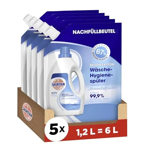 Sagrotan Wäsche-Hygienespüler Nachfüllbeutel Frische des Himmels, Desinfektionsspüler für hygienisch saubere und frische Wäsche, 5 x 1,2 l Reiniger im praktischen Vorteilspack