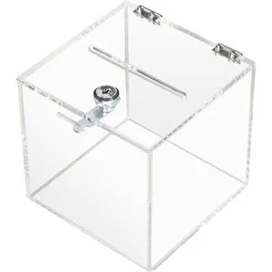 HMF Aktionsbox 46919 - Glasklarer Würfel mit Schloss - Werbeartikel: Robuste, glasklare Acrylbox mit Sicherheitszylinderschloss und Einwurfschlitz für DIN A6, ideal für Spenden und Visitenkarten.