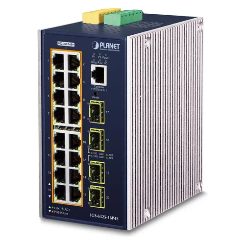 PLANET IGS-6325-16P4S - L3 Managed Switch mit PoE+ - Netzwerk-Switch mit 16 x 10/100/1000 Ports und 4 x Gigabit SFP, ideal für DIN-Schienen- oder Wandmontage, bietet 320 W PoE+ für flexible Stromversorgung.
