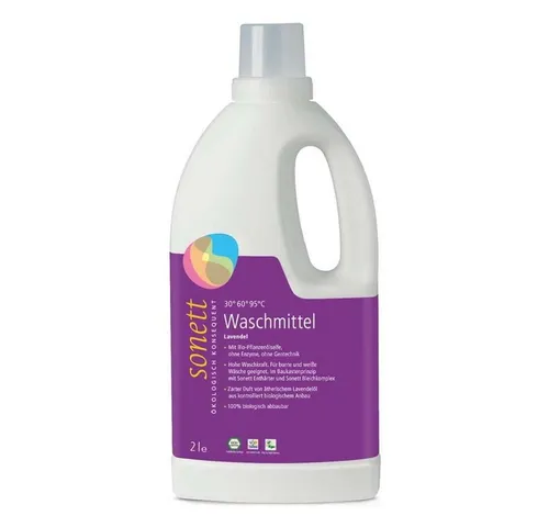 Sonett Flüssigwaschmittel Lavendel 2L – Umweltfreundlich und Effektiv - Hochwirksames Flüssigwaschmittel im Baukastensystem. Ideal für bunte und weiße Wäsche, mit zartem Lavendelduft aus kontrolliert biologischem Anbau. 100 % biologisch abbaubar und ohne Enzyme.