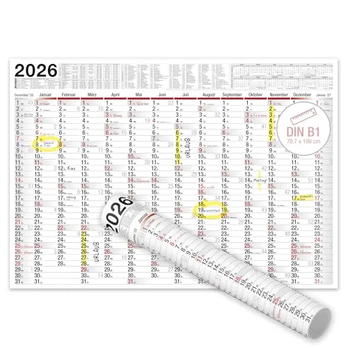 TOBJA Wandkalender 2026 groß mit Feiertagen und Ferien DE, AT | Jahresplaner 2026 Wandkalender 100x70 cm | XXL Wandkalender 2026 gerollt oder gefalzt | Hochwertiger Kalender [1 Stück gerollt]