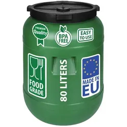 Weithalsfass 80 Liter mit Deckel - Ideal für Aufbewahrung und Camping - Praktisches Weithalsfass aus HDPE mit 80 Litern Volumen, ideal für die Aufbewahrung von Lebensmitteln und Campingutensilien. Robust, hygienisch und einfach zu reinigen.