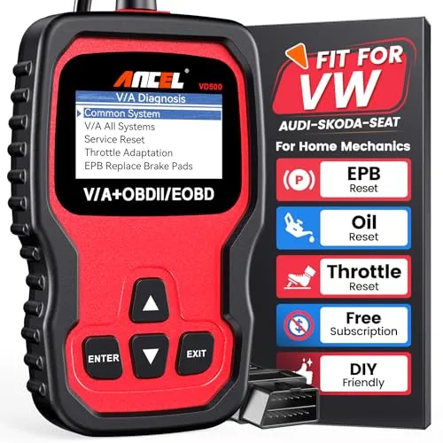 ANCEL VD500 OBD2 Diagnosegerät für VW, Audi, Skoda, Seat – Fehlercodes Auslesen und Löschen - OBD-II Diagnosewerkzeug für VW, Audi, Skoda, Seat; hilft beim Auslesen und Löschen von Fehlercodes für Motor, ABS, SRS und mehr – spart Zeit und Geld bei der Inspektion!