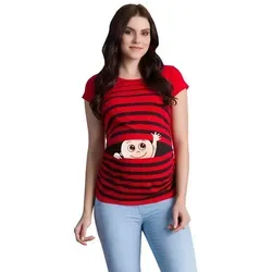 Winke Winke Baby - Lustige witzige süße Umstandsmode gestreiftes Umstandsshirt mit Motiv für die Schwangerschaft Schwangerschaftsshirt, Kurzarm (Rot, Small)