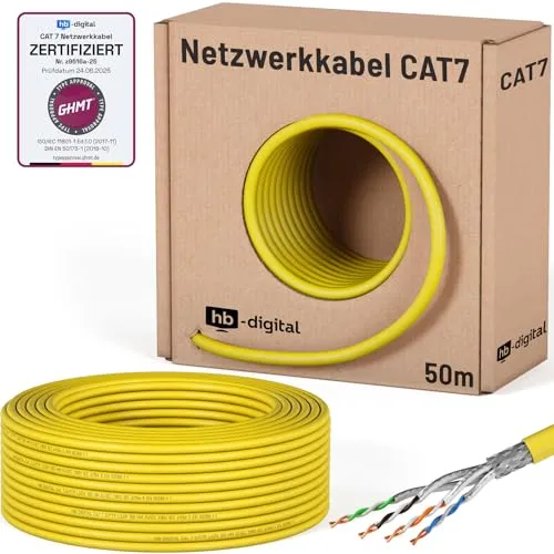 HB-DIGITAL 50m CAT 7 Netzwerkkabel LAN Kabel Verlegekabel Ethernet Installationskabel 10 Gbit/s - reines Kupfer AWG23 S/FTP - GHMT Zertifiziert LSZH Datenkabel Simplex - Gelb