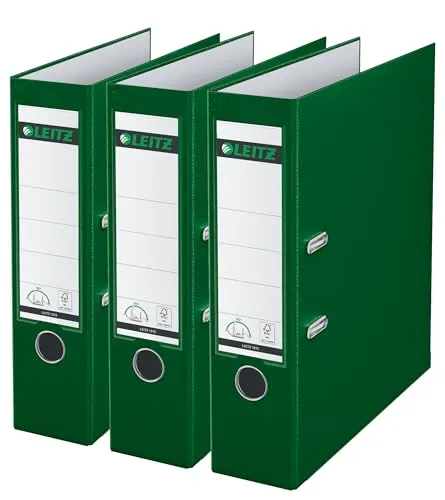 Leitz Qualitäts-Ordner 180° Plastik, 3er Pack, das Original, A4 Aktenordner 8 cm breit, 90% Recycling-Karton, 30% Pre-Consumer Recycling-Kunststoff, 180° Mechanik, 600 Blatt Kapazität, Grün, 310335055