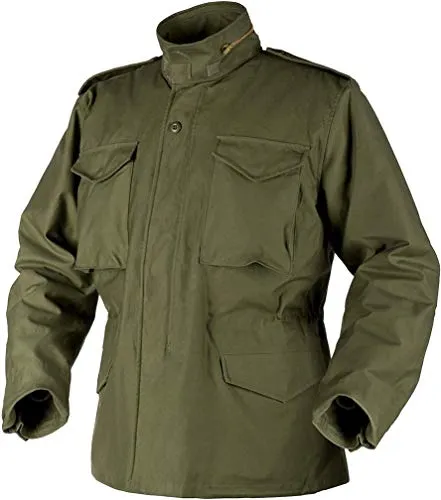 Helikon-Tex M65 Feldjacke - NyCo Satin - Olive Green - Funktionsjacke im US-Armee-Stil mit faltbarer Kapuze und vier praktischen Taschen, ideal für Outdoor-Aktivitäten und kaltes Wetter.